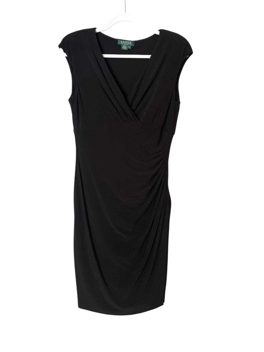 Lauren Ralph Lauren Black Faux Wrap Pleated V-Neck Dress Size 10